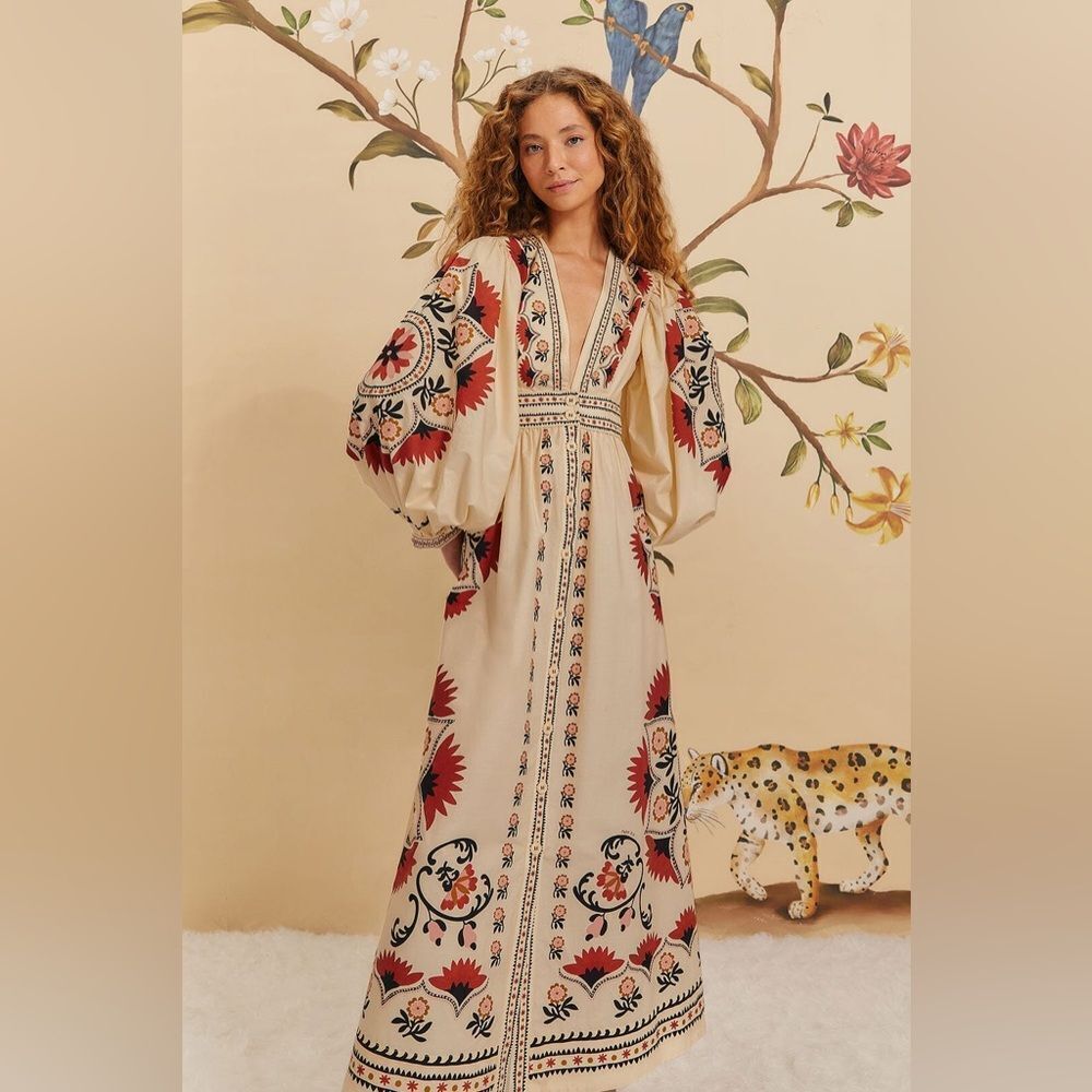 Farm Rio Cream Cashew Mandala Maxi Dress New - Picture 6 of 7